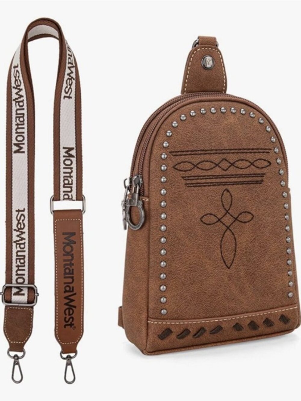 Montana West Western Crossbody Sling Bag Brown Tooled Studded Longhorn Skull NWT - Picture 3 of 6